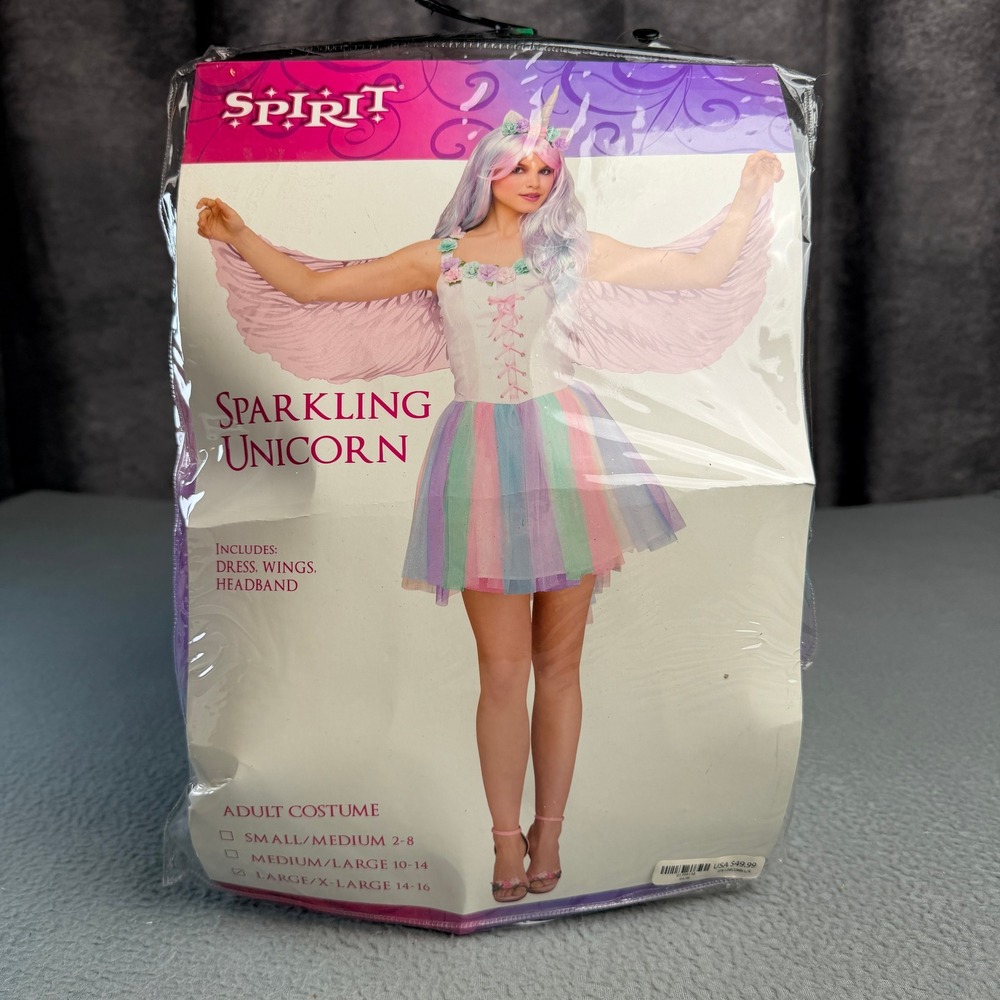Spirit Halloween Sparkling Unicorn Costume Adult Large XL 14-16 Dress Wings Set